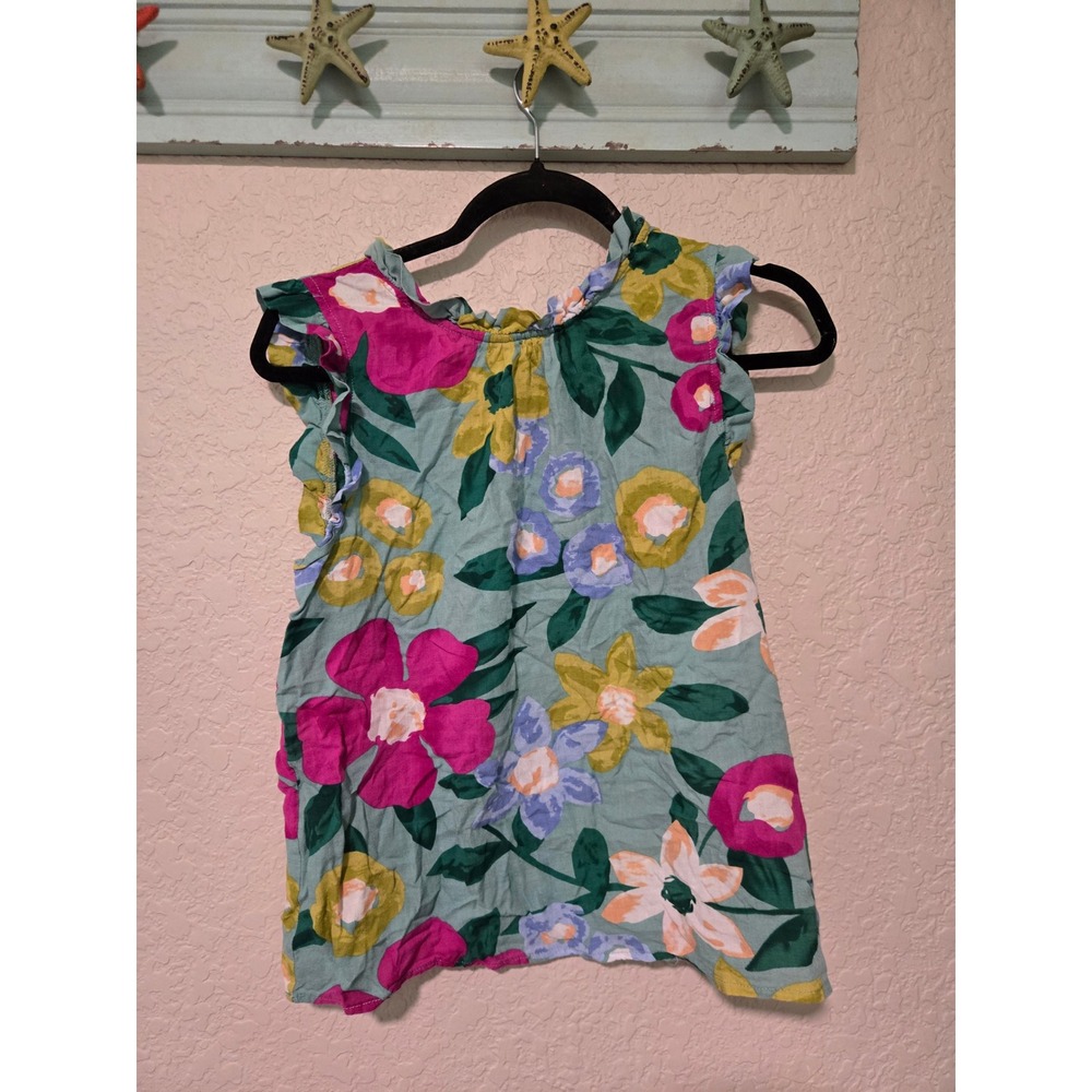 THML Floral Flutter Sleeve Ruffle Neck Blouse Green Pink Yellow Medium